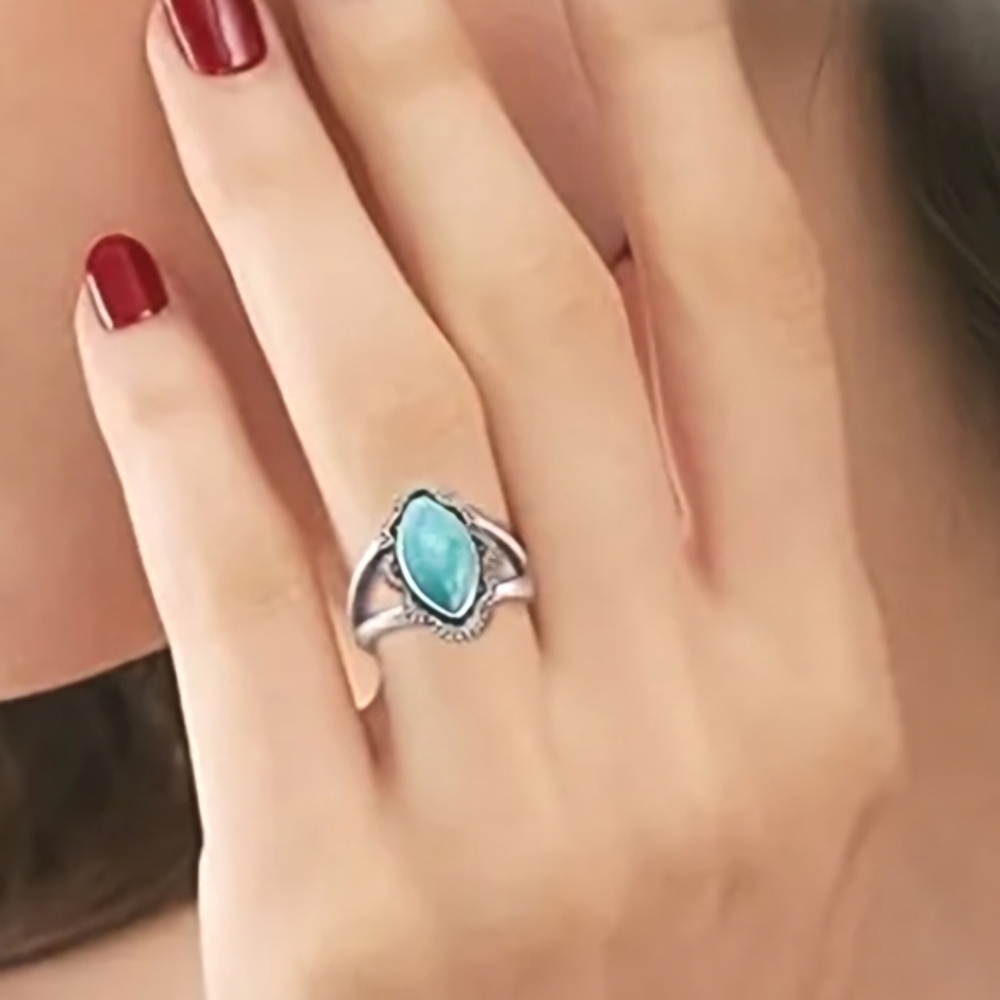 925 Silver Turquoise Marquise Beaded Pedal Edge Stone Vintage-Inspired Ring